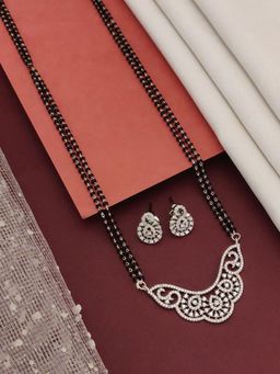 Abdesigns - Silver Plated American Diamond Studded And Beaded Mangalsutra With Earrings White