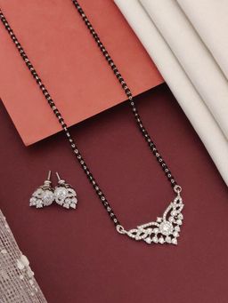 Abdesigns - Silver Plated American Diamond Studded And Beaded Mangalsutra With Earrings White