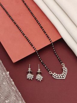 Abdesigns - Silver Plated American Diamond Studded And Beaded Mangalsutra With Earrings White