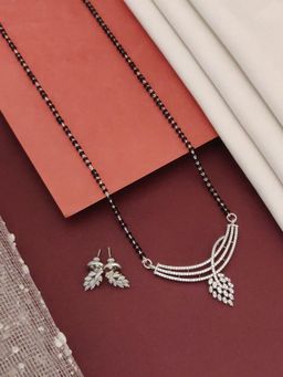 Abdesigns - Silver Plated American Diamond Studded And Beaded Mangalsutra With Earrings White