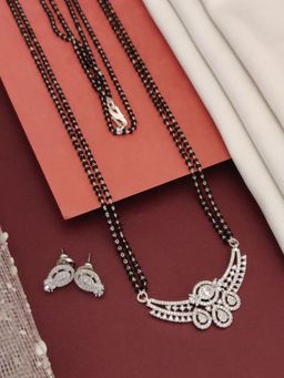 Abdesigns - Silver Plated American Diamond Studded And Beaded Mangalsutra With Earrings White