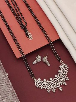 Abdesigns - Silver Plated American Diamond Studded And Beaded Mangalsutra With Earrings White