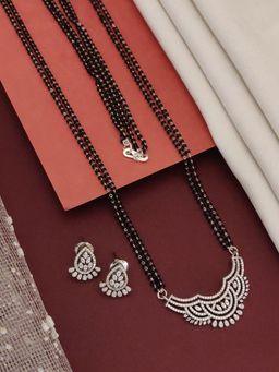 Abdesigns - Silver Plated American Diamond Studded And Beaded Mangalsutra With Earrings White