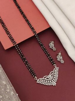 Abdesigns - Silver Plated American Diamond Studded And Beaded Mangalsutra With Earrings White