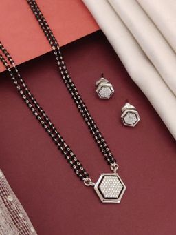 Abdesigns - Silver Plated American Diamond Studded And Beaded Mangalsutra With Earrings White