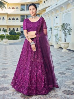 Pink Ethnic - Wine Net Semi-Stitched Lehenga & Unstitched Blouse with Dupatta (Set of 3)