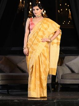 Beatitude - Yellow Soft Banarasi Cotton Saree Chikankari Weaving with Unstitched Blouse