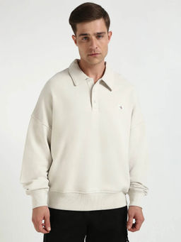 Calvin Klein - Men Solid Relaxed Fit Cotton Off White Sweatshirt
