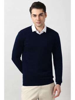 Peter England - Men Navy Blue Solid V Neck Sweater