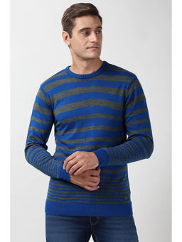Peter England - Men Blue Stripe Crew Neck Sweater