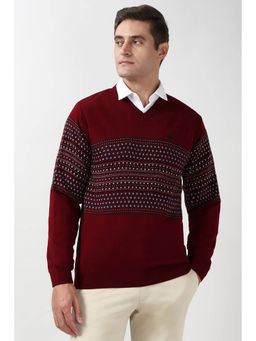 Peter England - Men Maroon Print V Neck Sweater