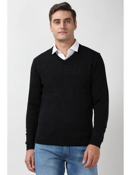 Peter England - Men Black Textured V Neck Sweater