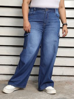 High Star - Women Plus SIize Wide Leg Light Fade Pure Cotton Cargo Jeans