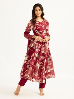 Vastramay - Women Maroon Full Sleeves Printed Anarkali Kurta with Pant & Dupatta (Set of 3)