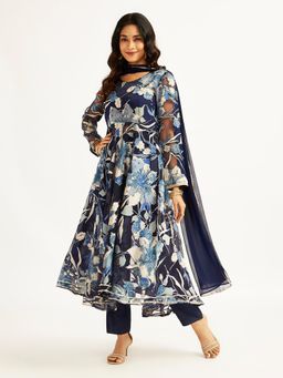 Vastramay - Women Navy Blue Full Sleeves Printed Anarkali Kurta with Pant & Dupatta (Set of 3)