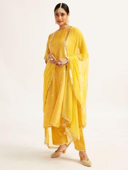 Vastramay - Women Mustard Embroidered Anarkali Kurta with Pant & Dupatta (Set of 3)