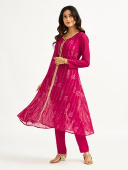 Vastramay - Women Magenta Sequinned Jacket Style Kurta Crop Top & Pant (Set of 3)