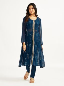 Vastramay - Women Turquoise Sequinned Jacket Style Kurta Crop Top & Pant (Set of 3)