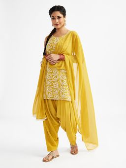 Vastramay - Women Mustard Sleeveless Embroidered Kurta Patiala & Dupatta (Set of 3)