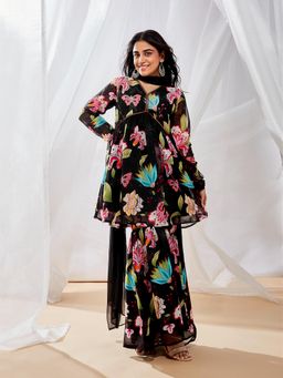 Vastramay - Women Black Organza Full Sleeves Sequinned Kurta with Sharara & Dupatta (Set of 3)