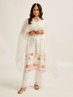 Vastramay - Women White Full Sleeves Sequinned Kurta with Pant & Dupatta (Set of 3)