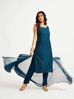 Vastramay - Women Turquoise Sleeveless Printed Kurta with Pant & Dupatta (Set of 3)