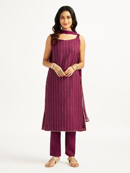 Vastramay - Women Burgundy Sleeveless Printed Kurta with Pant & Dupatta (Set of 3)