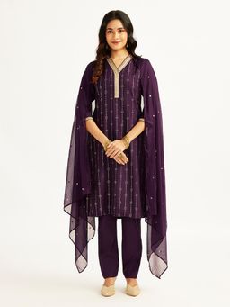 Vastramay - Women Purple Three Quarter Sleeves Printed Kurta with Pant & Dupatta (Set of 3)