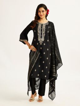 Vastramay - Women Black Embroidered Kurta with Pant & Dupatta (Set of 3)