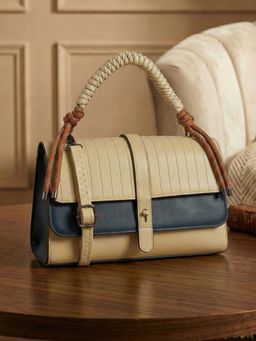 ESBEDA - Beige Navy Blue Colour Celeste Rope Accent Handbag with Detachable Strap For Women's (Medium)