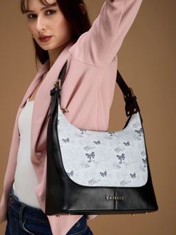 Caprese - Women Scarlet Black Floral Printed Faux Leather Hobo Bag (Medium)