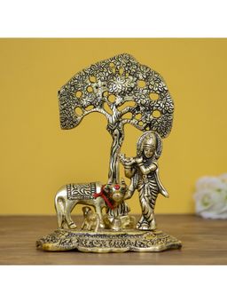 eCraftIndia - Golden Lord Krishna Idol Playing Flute Under Tree Idol