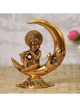 eCraftIndia - Golden Lord Krishna Playing Flute & Sitting On Half Moon Idol