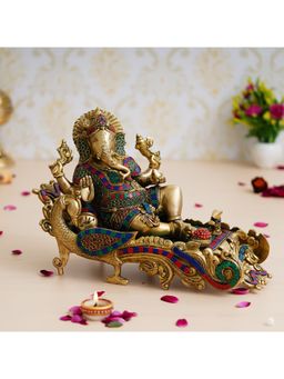 eCraftIndia - Colorful Resting Lord Ganesha Brass Idol with Stone Work