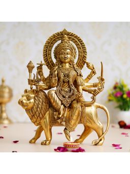 eCraftIndia - Golden Goddess Durga Maa On Lion Brass Statue