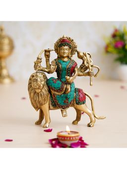 eCraftIndia - Colorful Goddess Durga Maa On Lion Brass Statue with Stone Work