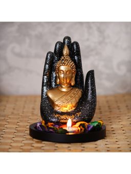 eCraftIndia - Black Golden Resin Palm Buddha Statue Tea Light Candle Holder Showpiece
