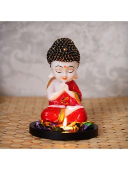 eCraftIndia - Red Resin Praying Monk Buddha Statue Wooden Base Tealight Candle Holder
