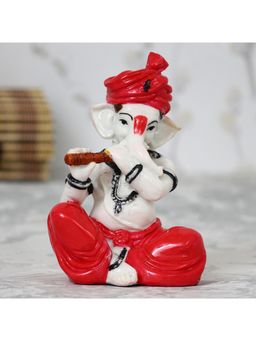eCraftIndia - Red Lord Ganesha Idol Playing Flute Musical Showpiece