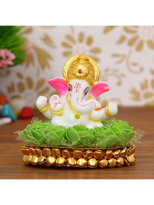 eCraftIndia Polyresin Lord Ganesha Idol On Green Roses Floral Plate