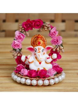 eCraftIndia - Polyresin Lord Ganesha Idol On Plate with Pink & Red Flowers