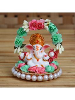 eCraftIndia - Polyresin Lord Ganesha Idol On Plate with Pink & Green Flowers