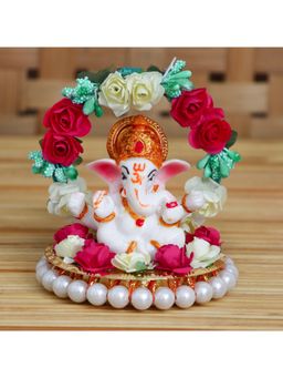 eCraftIndia - Polyresin Lord Ganesha Idol On Plate with Throne Of Colorful Flowers