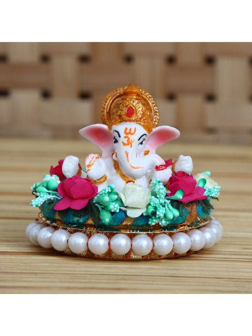 eCraftIndia Lord Ganesha Idol On Plate with Colorful Flowers