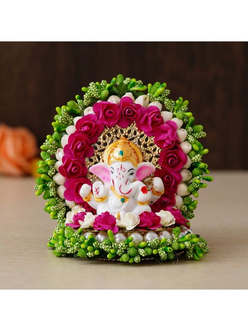 eCraftIndia Polyresin Lord Ganesha Idol On Green Floral Plate