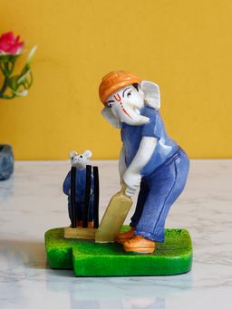 eCraftIndia - Polyresin Lord Ganesha Idol Playing Cricket with Mushak Showpiece