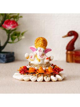 eCraftIndia - Polyresin Lord Ganesha Idol On Shells and Orange Floral Plate