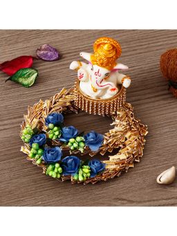 eCraftIndia - Lord Ganesha Idol On Blue Floral and Gottapatti Work Plate
