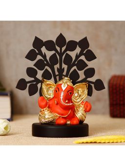 eCraftIndia - Gold Plated Orange Kaan Ganesha Showpiece with Wooden Tree