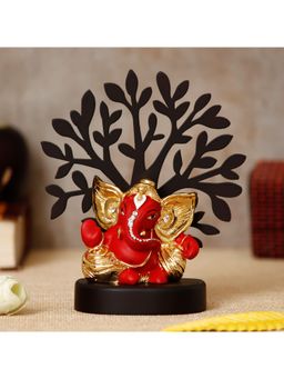 eCraftIndia - Gold Plated Red Kaan Ganesha Showpiece with Wooden Tree